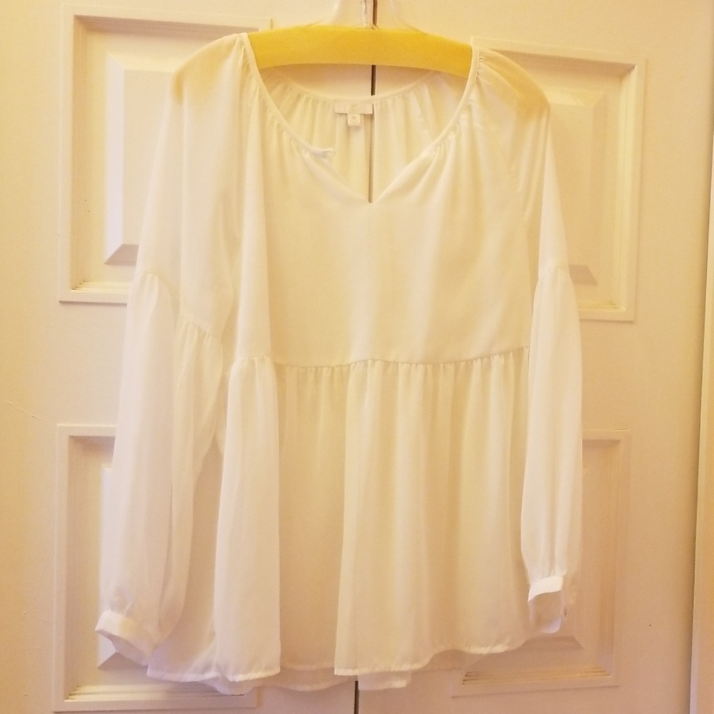 C Apparel White Key Hole Sheer Blouse L/S